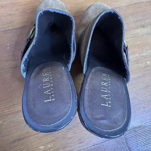 Vintage Y2K Ralph Lauren Brown Suede Studded Clogs Mules Wooden Block Heels 7 M - Picture 8 of 8